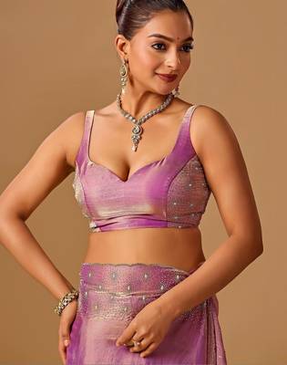 Lavender embellished beads and stones organza heavy work saree 4