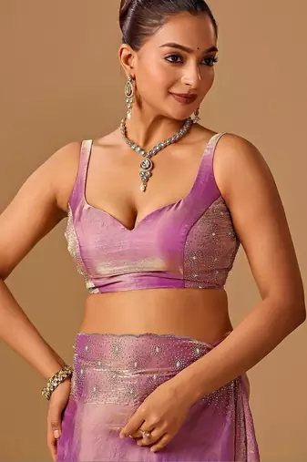 Lavender embellished beads and stones organza heavy work saree
