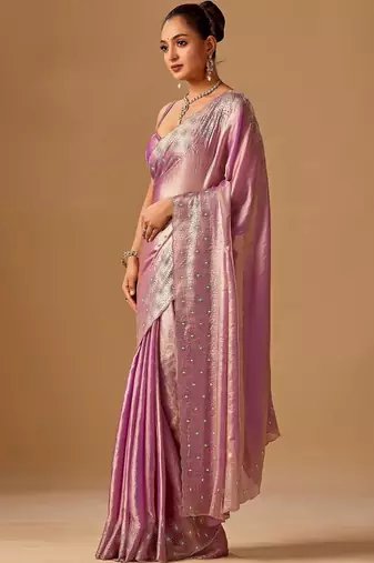 Lavender embellished beads and stones organza heavy work saree