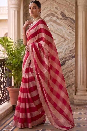 Red striped beads and stones organza saree