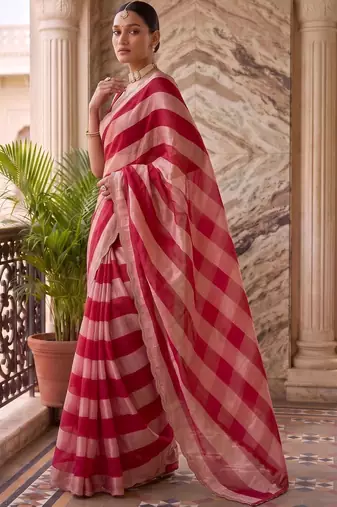 Red striped beads and stones organza saree