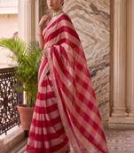 Red striped beads and stones organza saree