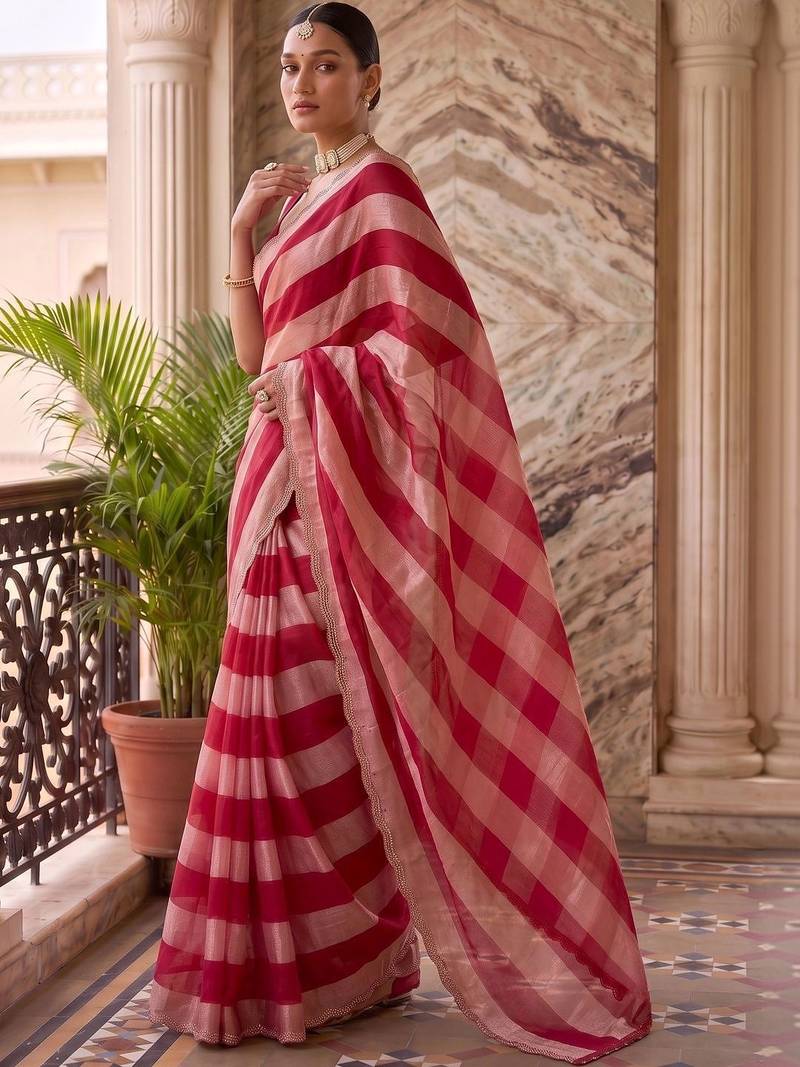 Red striped beads and stones organza saree