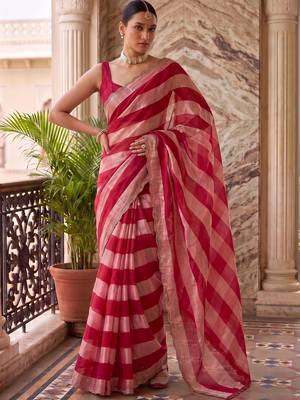 Red striped beads and stones organza saree 2