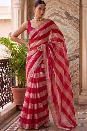 Red striped beads and stones organza saree