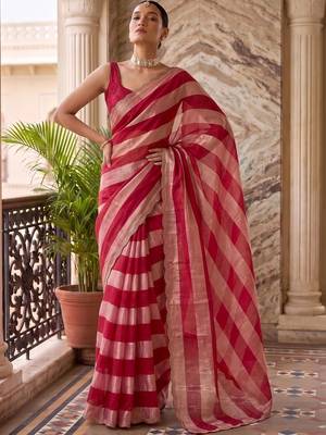 Red striped beads and stones organza saree 3