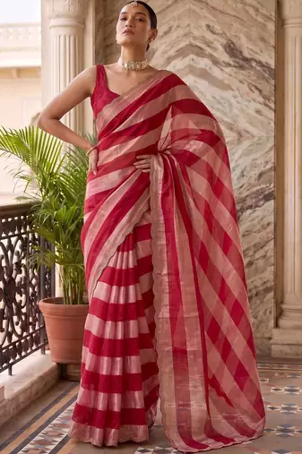Red striped beads and stones organza saree