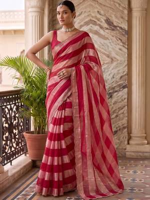 Red striped beads and stones organza saree 4