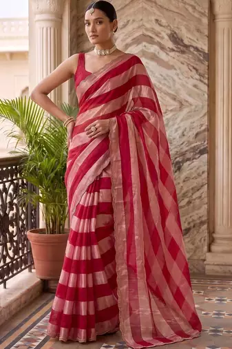 Red striped beads and stones organza saree