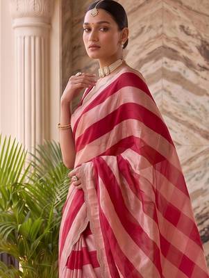 Red striped beads and stones organza saree 5