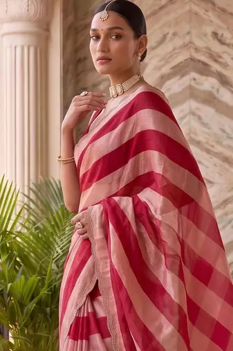 Red striped beads and stones organza saree