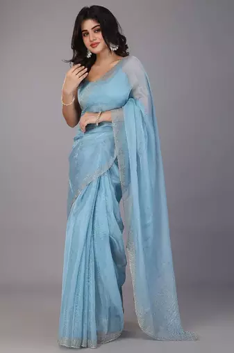 Blue stonework embellished beads border tissue saree with unstitched blouse