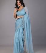 Blue stonework embellished beads border tissue saree with unstitched blouse