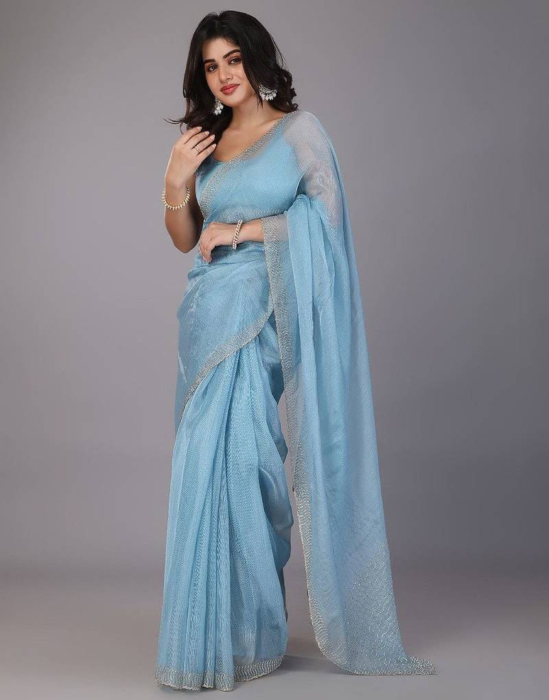 Blue stonework embellished beads border tissue saree with unstitched blouse