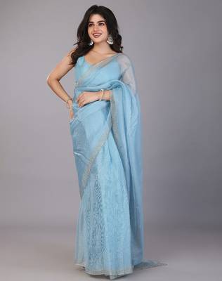 Blue stonework embellished beads border tissue saree with unstitched blouse 2