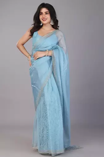Blue stonework embellished beads border tissue saree with unstitched blouse