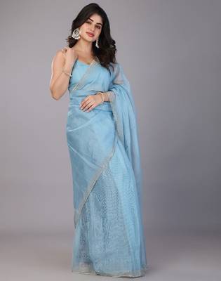 Blue stonework embellished beads border tissue saree with unstitched blouse 3