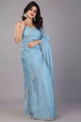 Blue stonework embellished beads border tissue saree with unstitched blouse