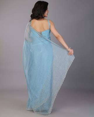 Blue stonework embellished beads border tissue saree with unstitched blouse 4