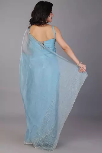 Blue stonework embellished beads border tissue saree with unstitched blouse