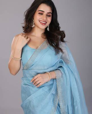 Blue stonework embellished beads border tissue saree with unstitched blouse 5