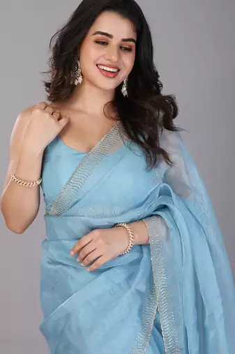 Blue stonework embellished beads border tissue saree with unstitched blouse