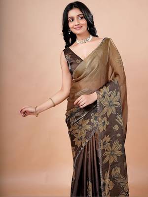 Brown women ethnic motifs woven design saree 1