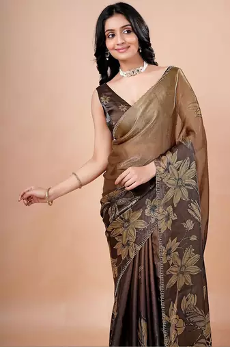 Brown women ethnic motifs woven design saree