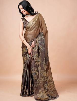 Brown women ethnic motifs woven design saree 2