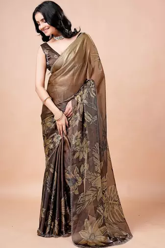 Brown women ethnic motifs woven design saree
