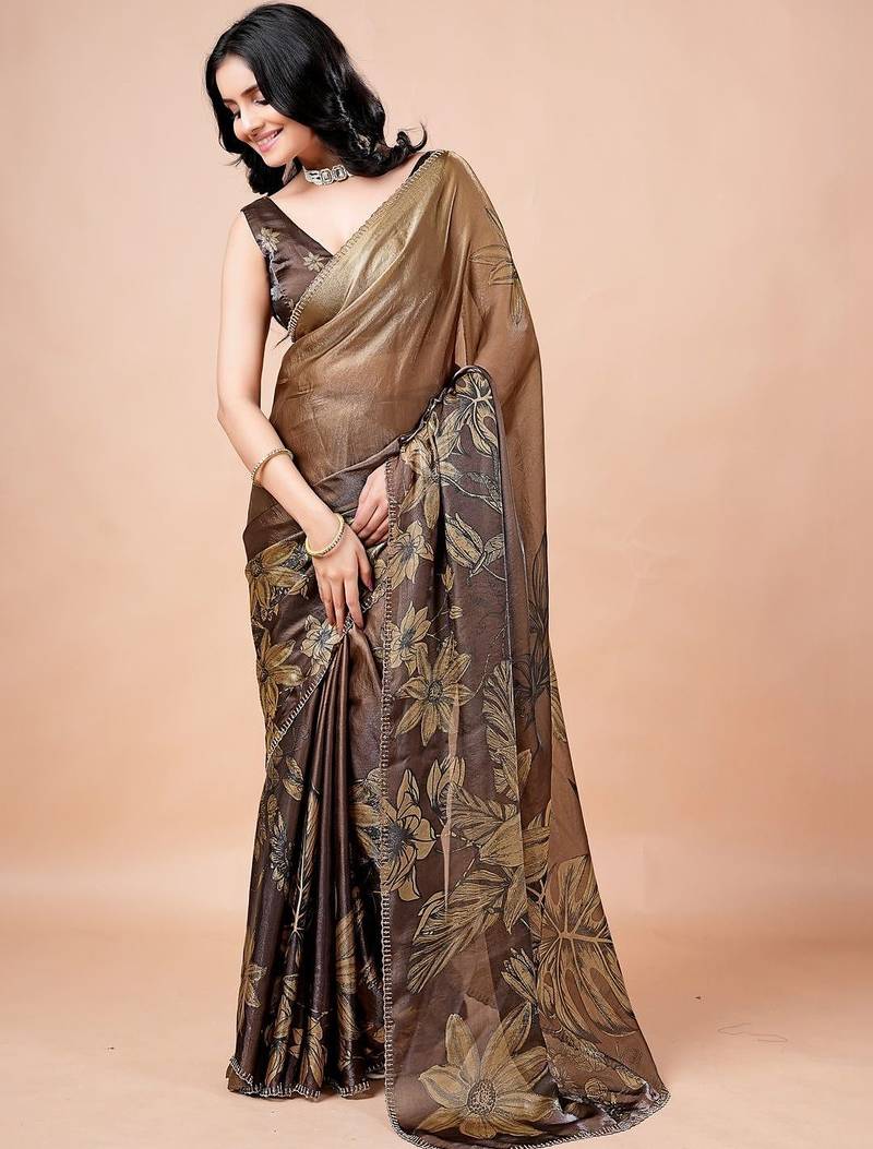 Brown women ethnic motifs woven design saree