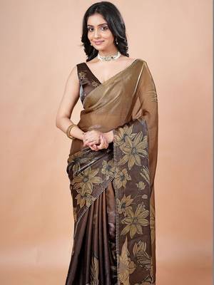 Brown women ethnic motifs woven design saree 3