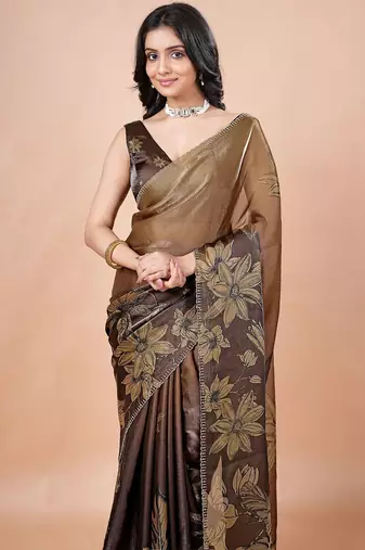 Brown women ethnic motifs woven design saree