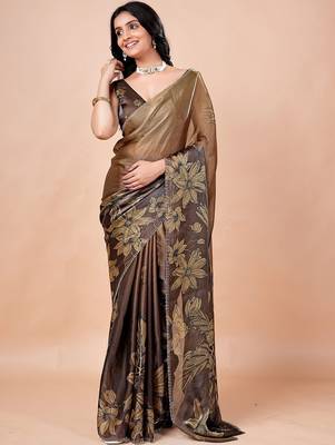 Brown women ethnic motifs woven design saree 4