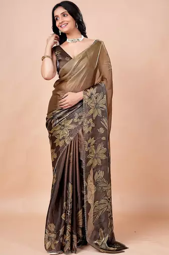 Brown women ethnic motifs woven design saree