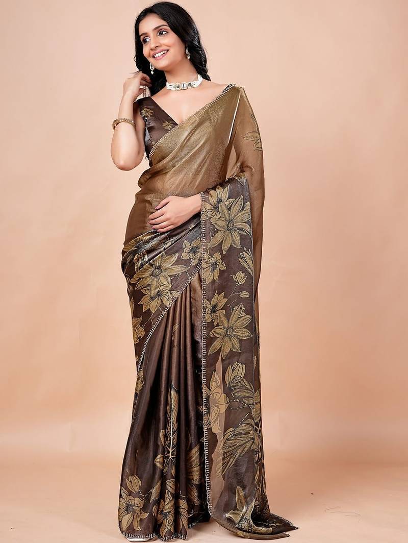 Brown women ethnic motifs woven design saree