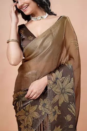 Brown women ethnic motifs woven design saree