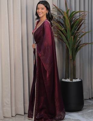 Burgundy ethnic motifs sequinned tissue heavy work saree 3