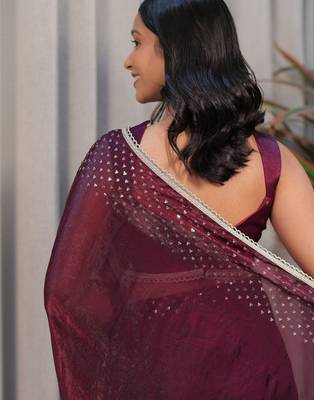 Burgundy ethnic motifs sequinned tissue heavy work saree 4