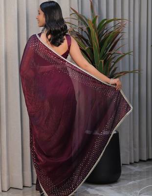 Burgundy ethnic motifs sequinned tissue heavy work saree 5
