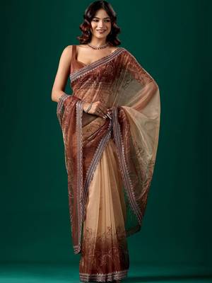 Brown floral embroidered tissue saree 1