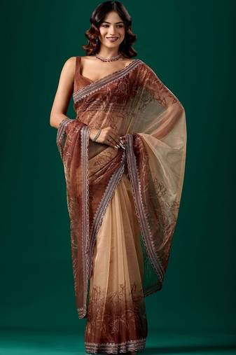 Brown floral embroidered tissue saree
