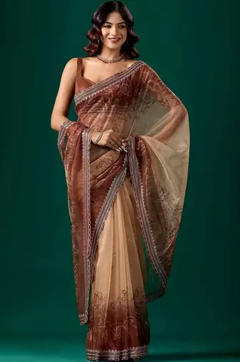 Brown floral embroidered tissue saree
