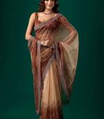 Brown floral embroidered tissue saree