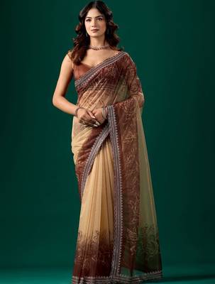 Brown floral embroidered tissue saree 2