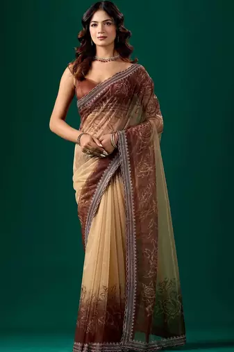 Brown floral embroidered tissue saree