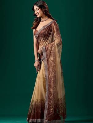 Brown floral embroidered tissue saree 3