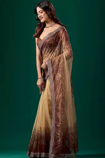 Brown floral embroidered tissue saree