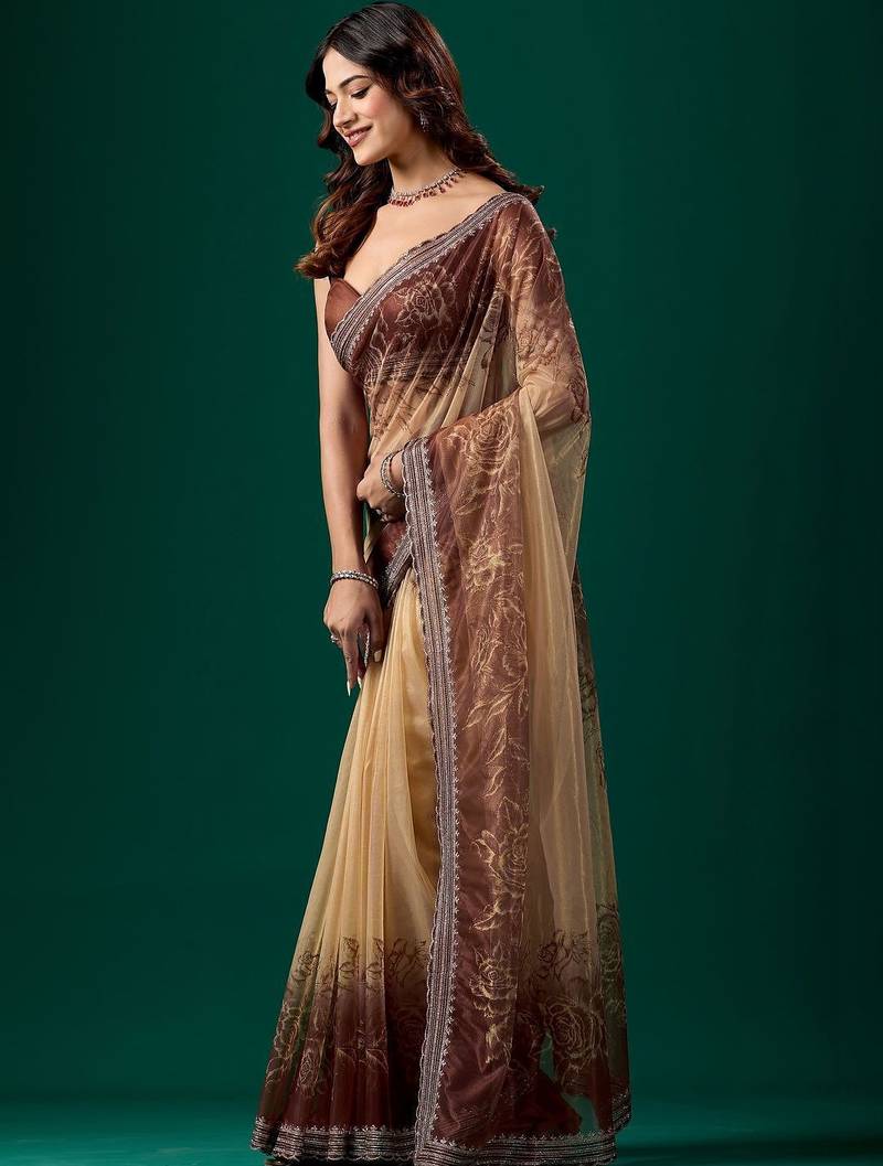 Brown floral embroidered tissue saree