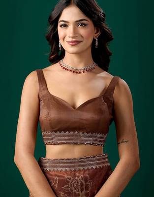Brown floral embroidered tissue saree 4